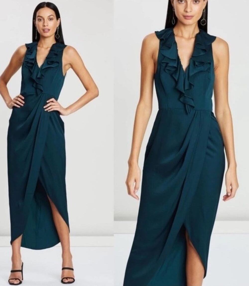 NWT SHONA JOY Plunge Frill Draped Dress Size 2 Emerald Green Tulip Hem Evening
